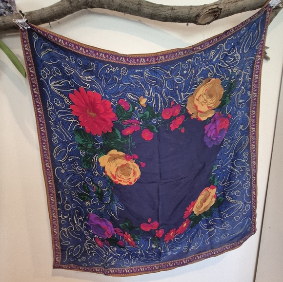 Silk Scarf Colorful Floral In Blues And Hot Pink - Picture 5 of 7